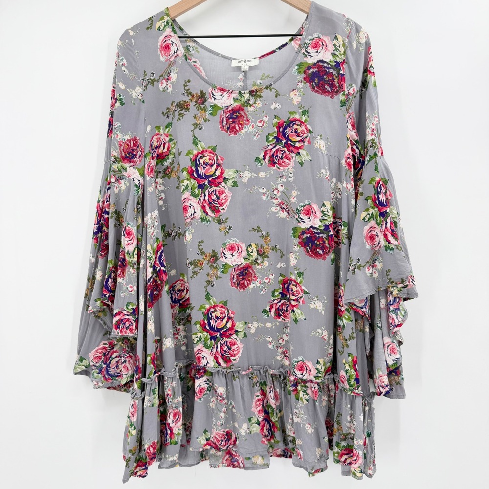 Umgee Women's Floral Ruffle Dress Size S Gray Bell Sleeve Boho Cottagecore Flowy